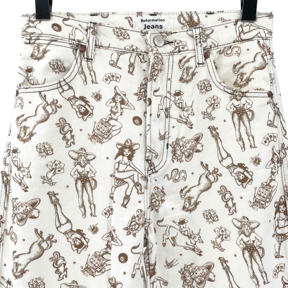 Reformation Cowboy High Rise Straight Jeans, Viva Las Vegas, Cream/Brn , Size 27 - Picture 3 of 8